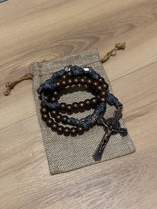 Memento Mori Paracord Rosary - Grey Camo and Antique Copper - Metal Beads