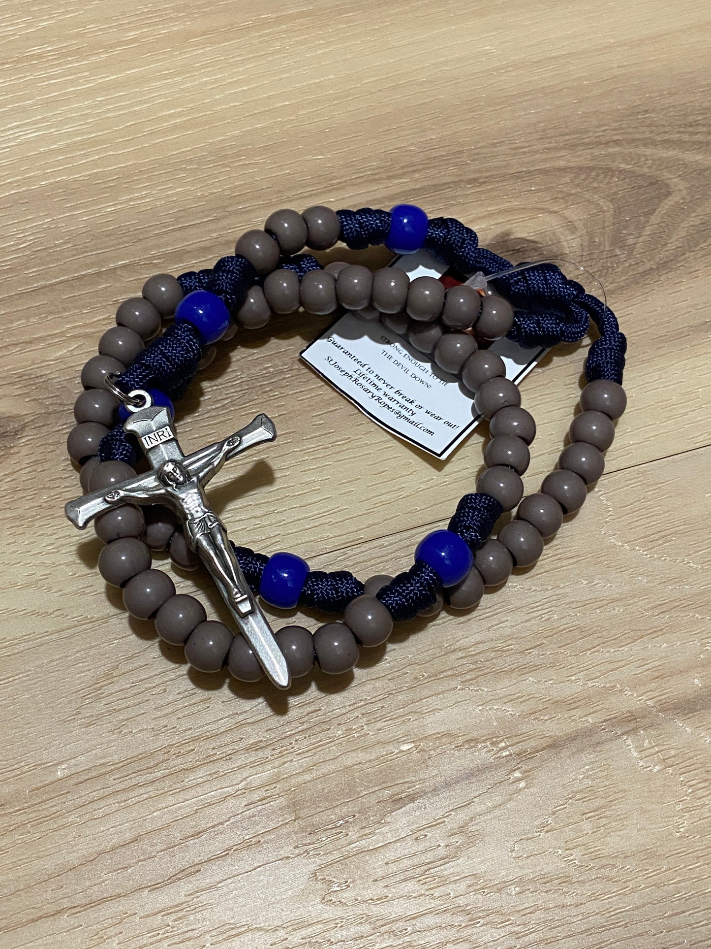 Paracord Rosary - Navy blue and grey beads - acrylic beads