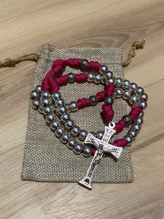 Paracord Rosary - Fuschia and Silver - Metal Beads