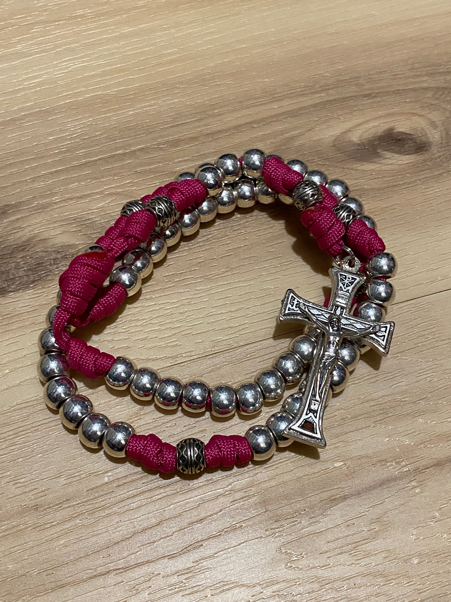 Paracord Rosary - Fuschia and Silver - Metal Beads