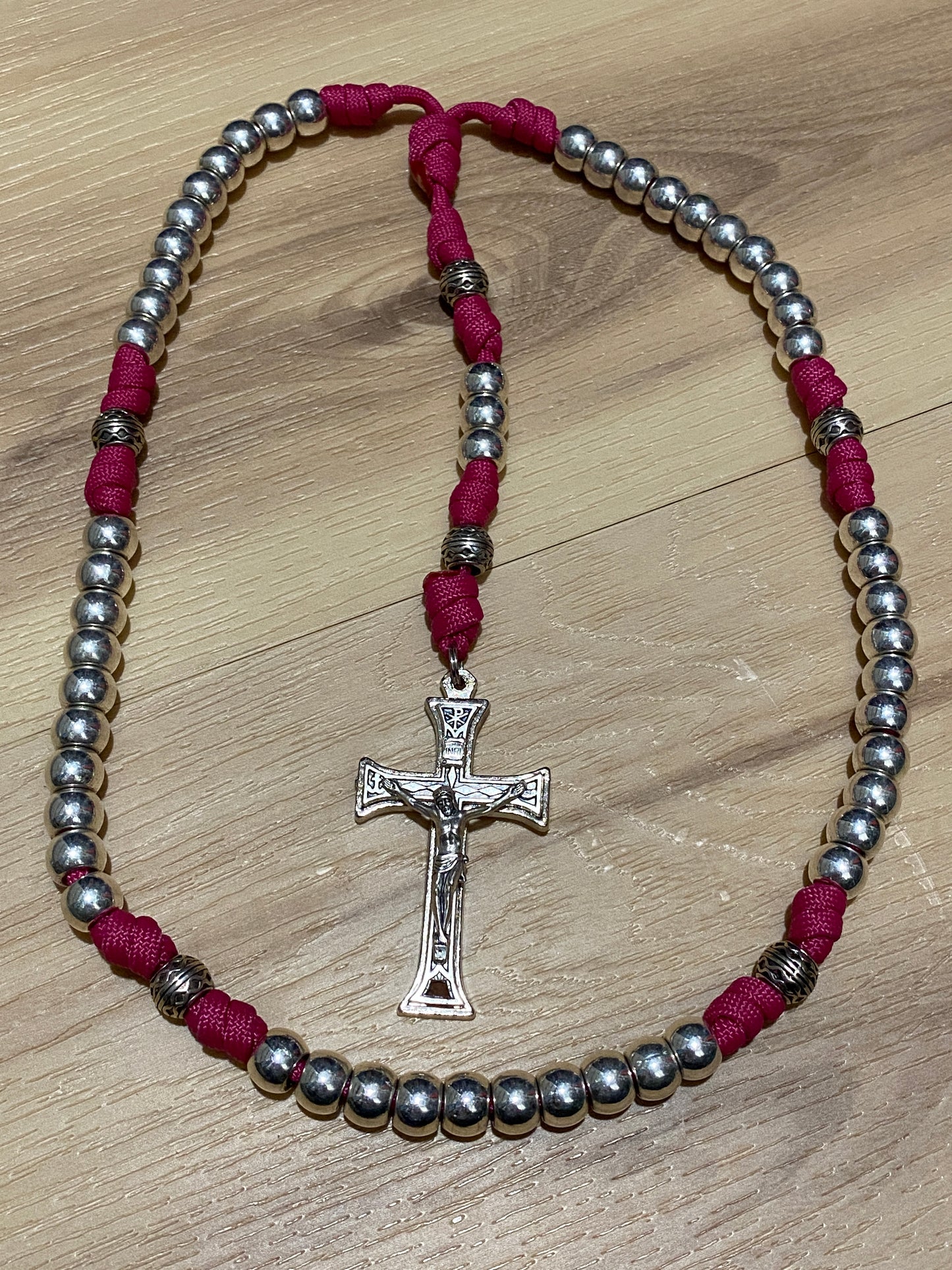 Paracord Rosary - Fuschia and Silver - Metal Beads