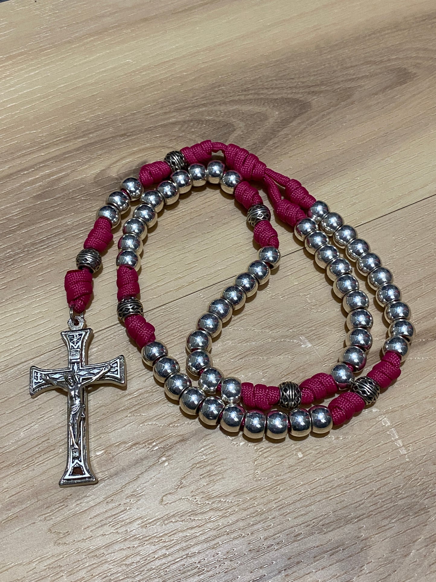 Paracord Rosary - Fuschia and Silver - Metal Beads