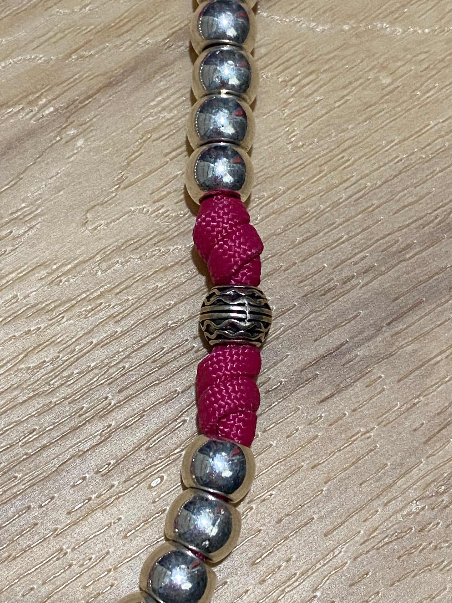 Paracord Rosary - Fuschia and Silver - Metal Beads