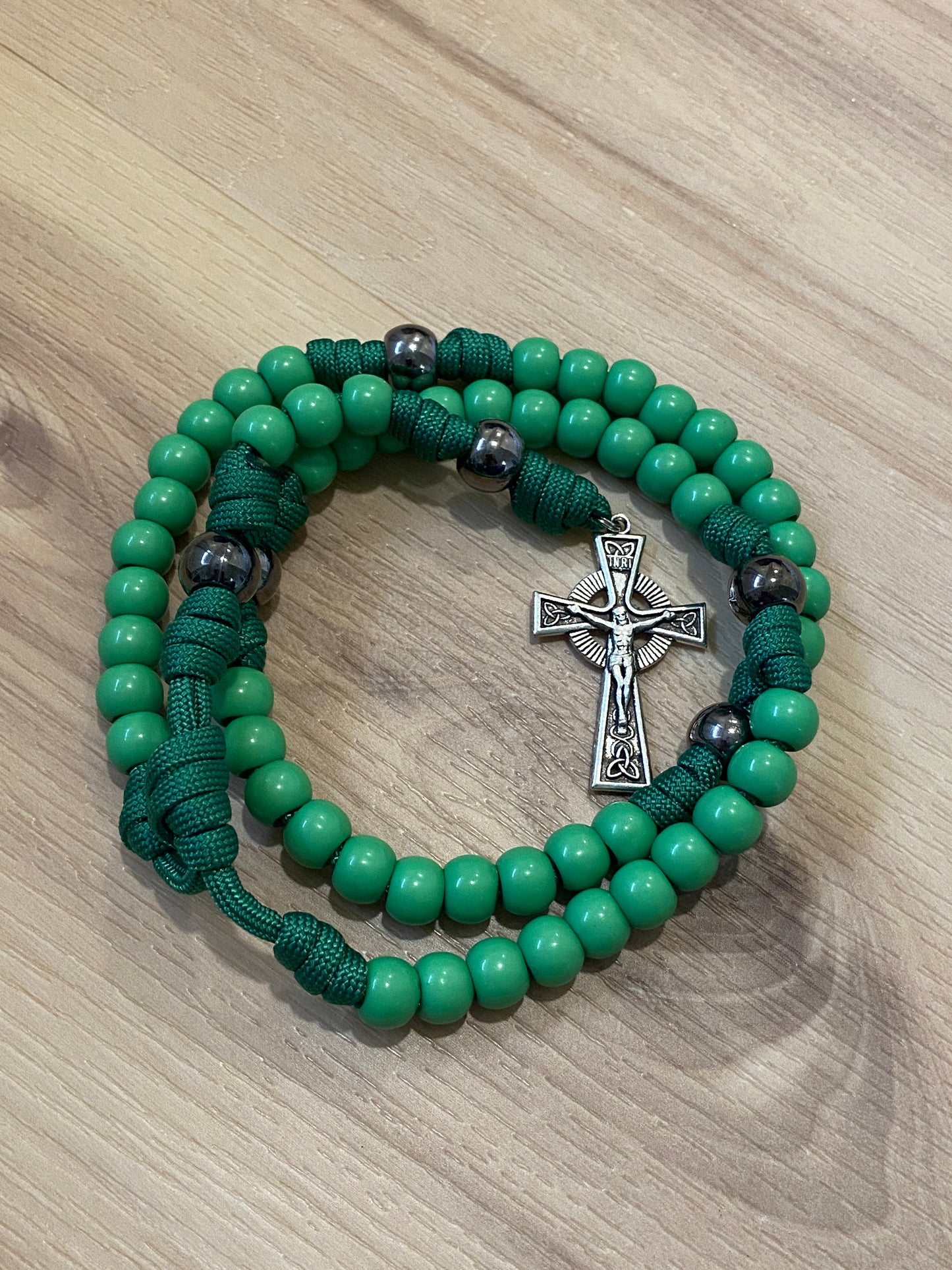 Paracord Rosary - Green cord and green beads - acrylic beads