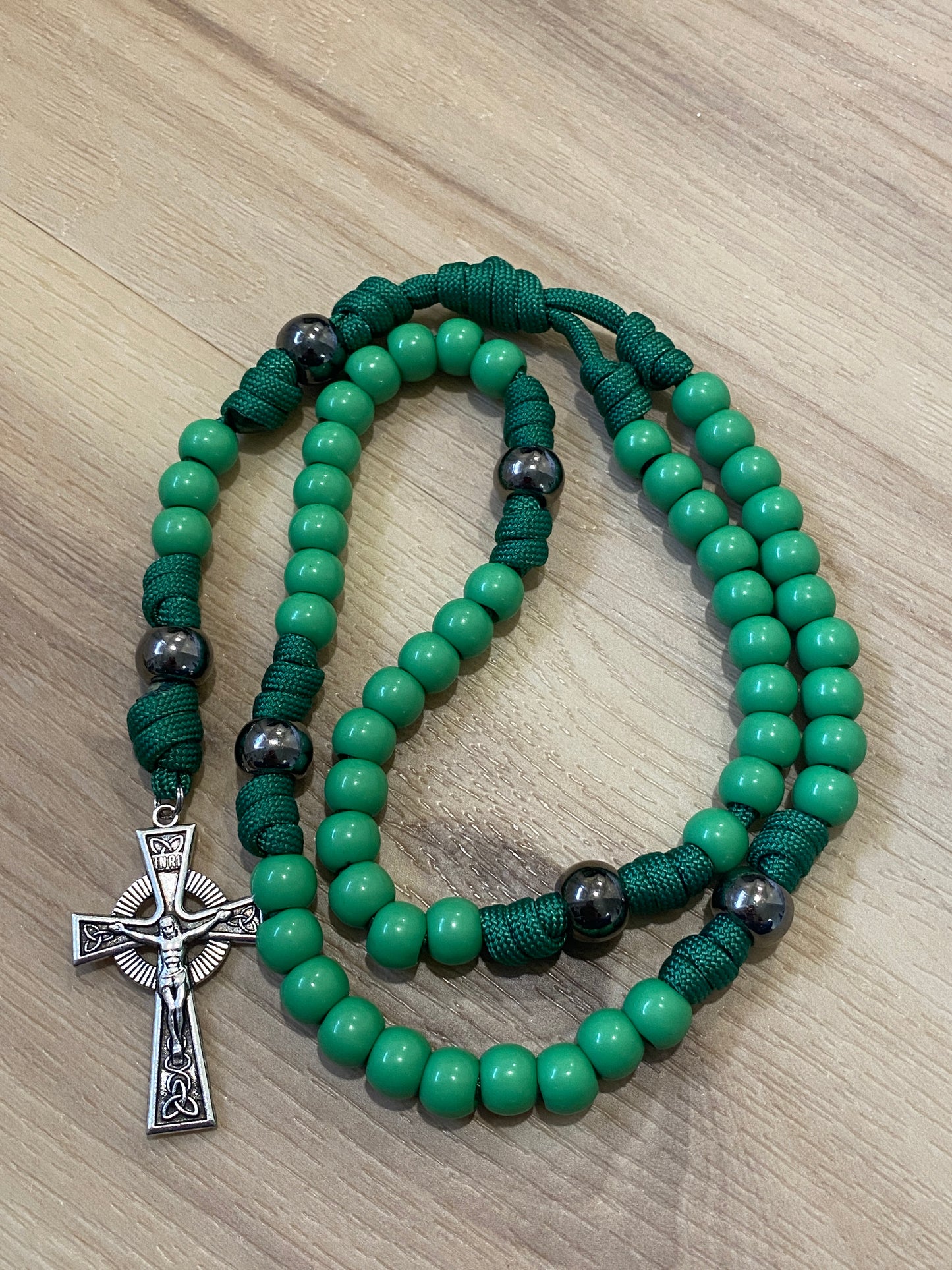 Paracord Rosary - Green cord and green beads - acrylic beads