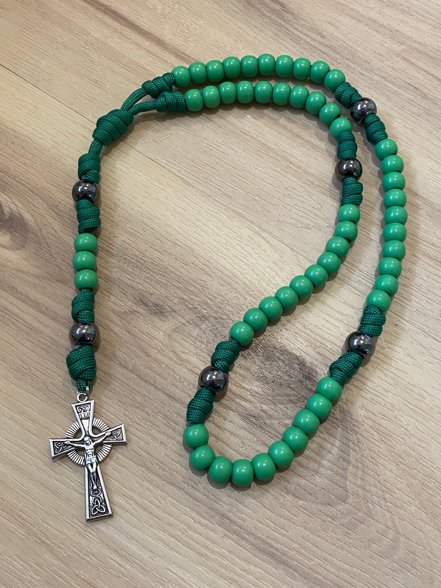 Paracord Rosary - Green cord and green beads - acrylic beads