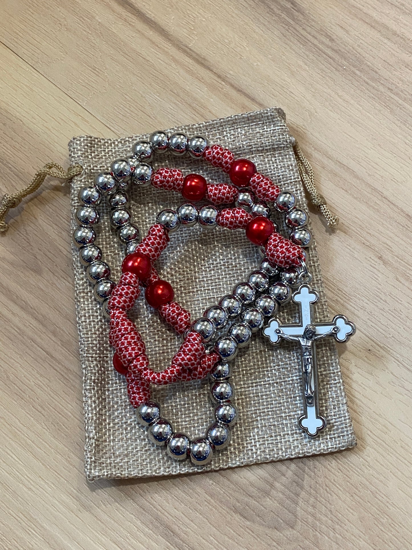 Paracord Rosary - Red and white cord and silver beads - acrylic beads