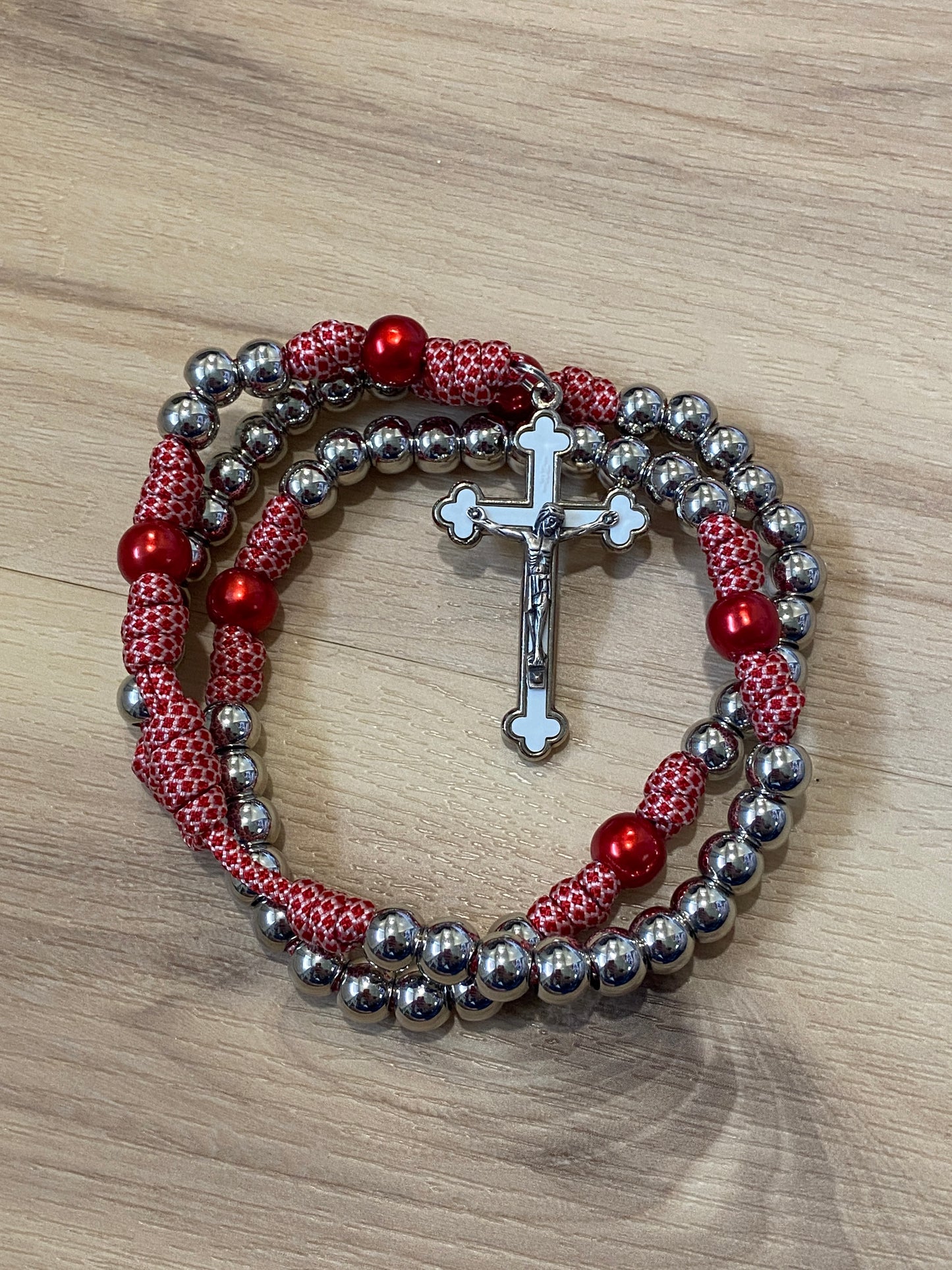 Paracord Rosary - Red and white cord and silver beads - acrylic beads