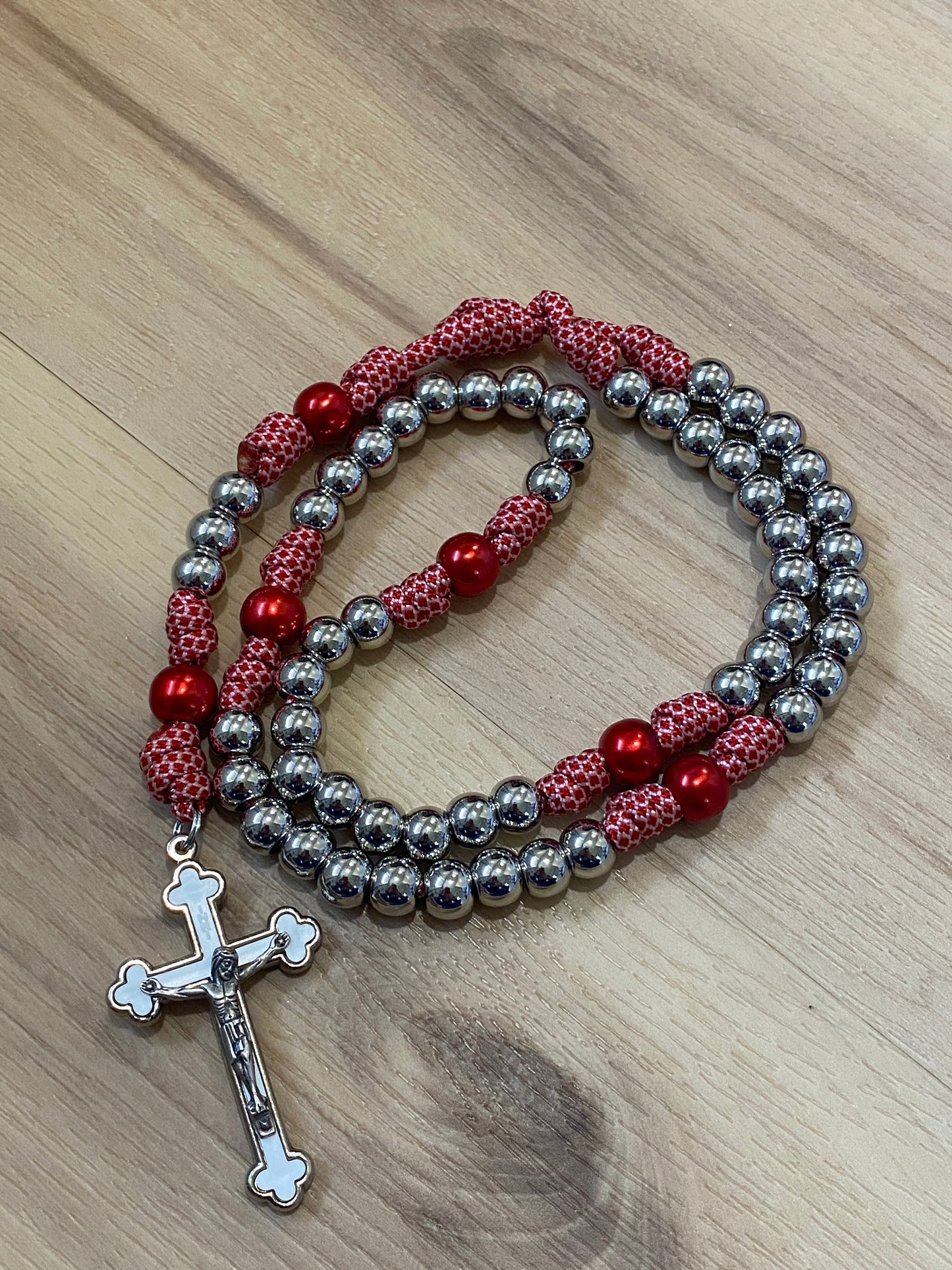 Paracord Rosary - Red and white cord and silver beads - acrylic beads