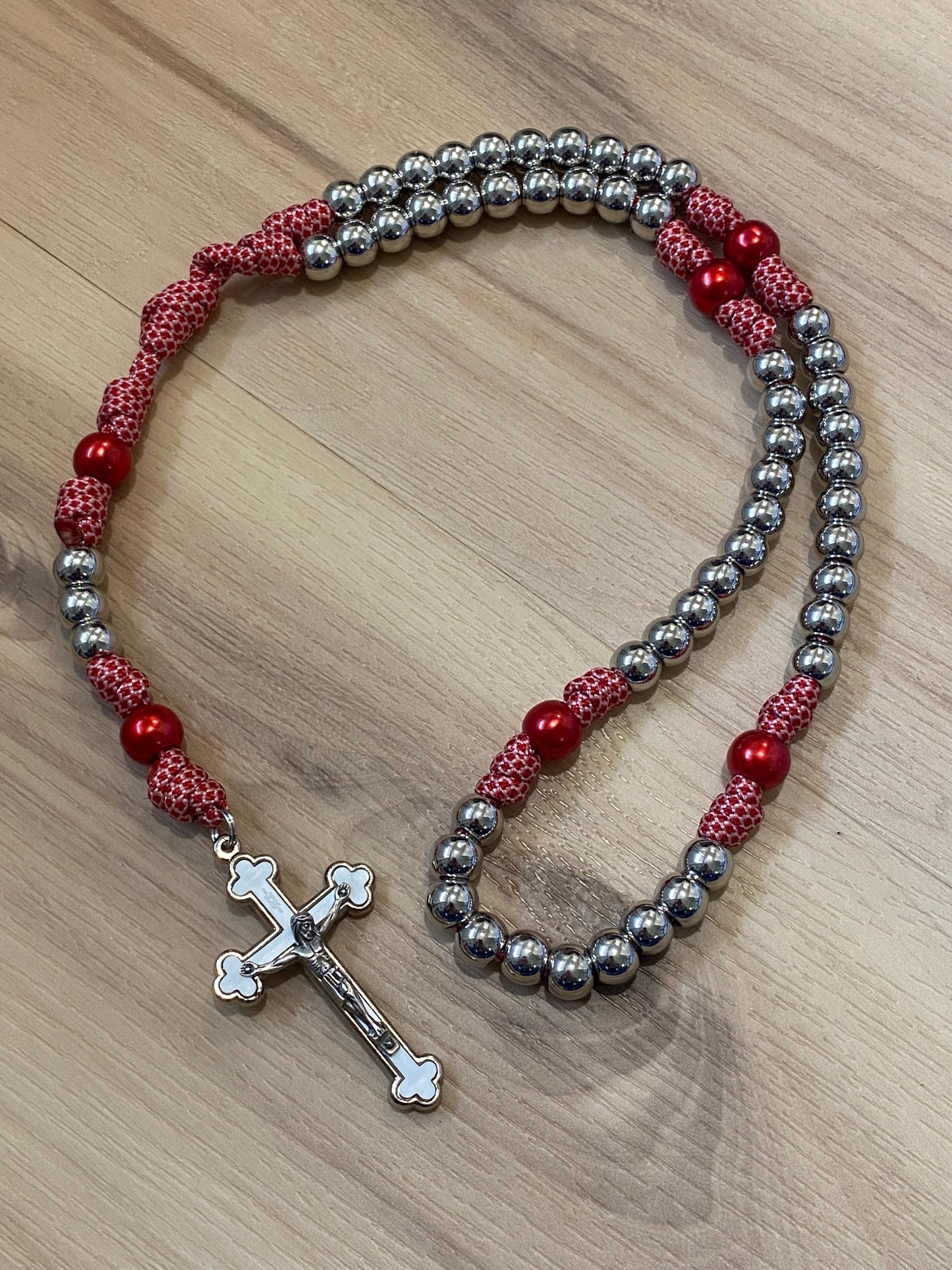 Paracord Rosary - Red and white cord and silver beads - acrylic beads