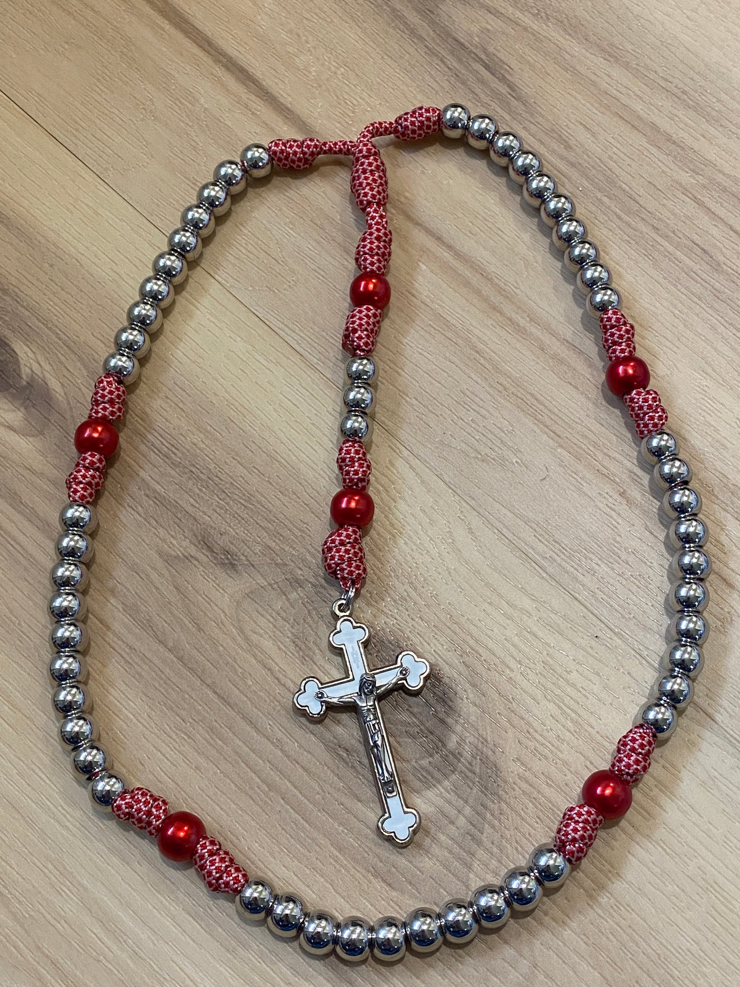 Paracord Rosary - Red and white cord and silver beads - acrylic beads