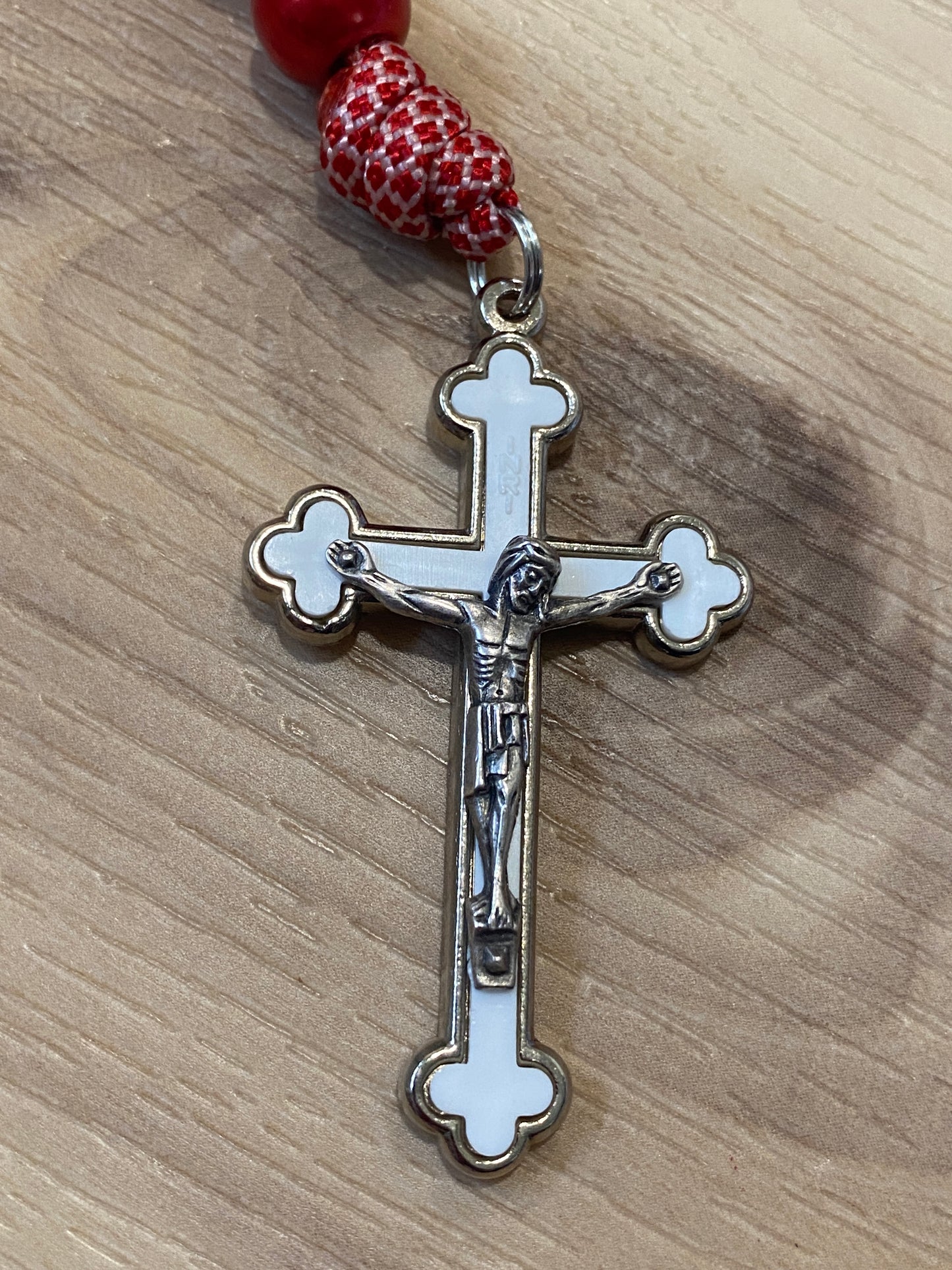 Paracord Rosary - Red and white cord and silver beads - acrylic beads