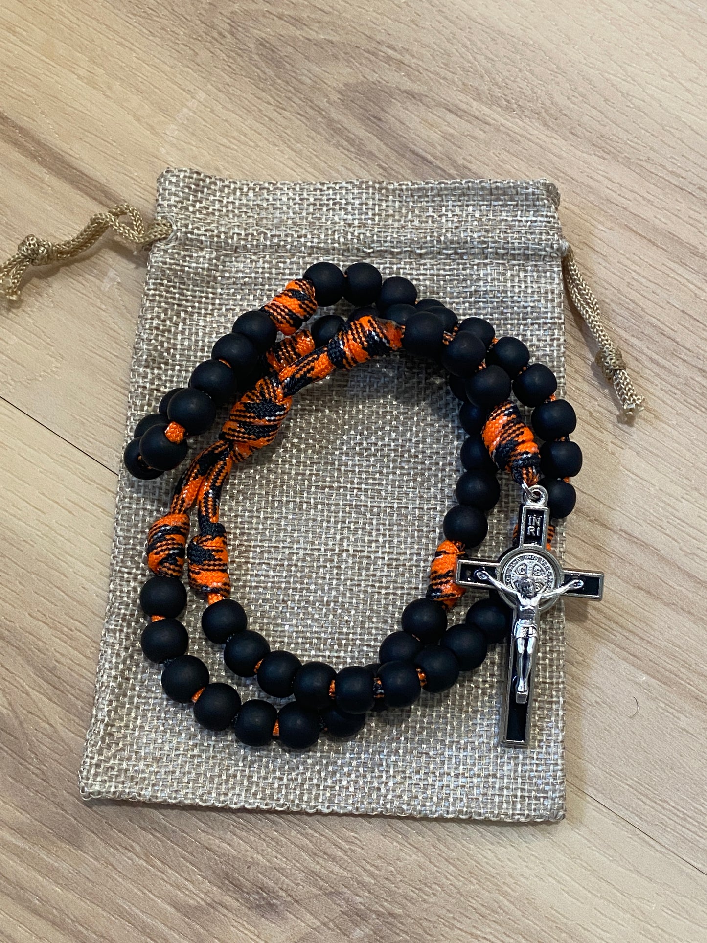 Paracord Rosary - Orange Camo and black beads - acrylic beads