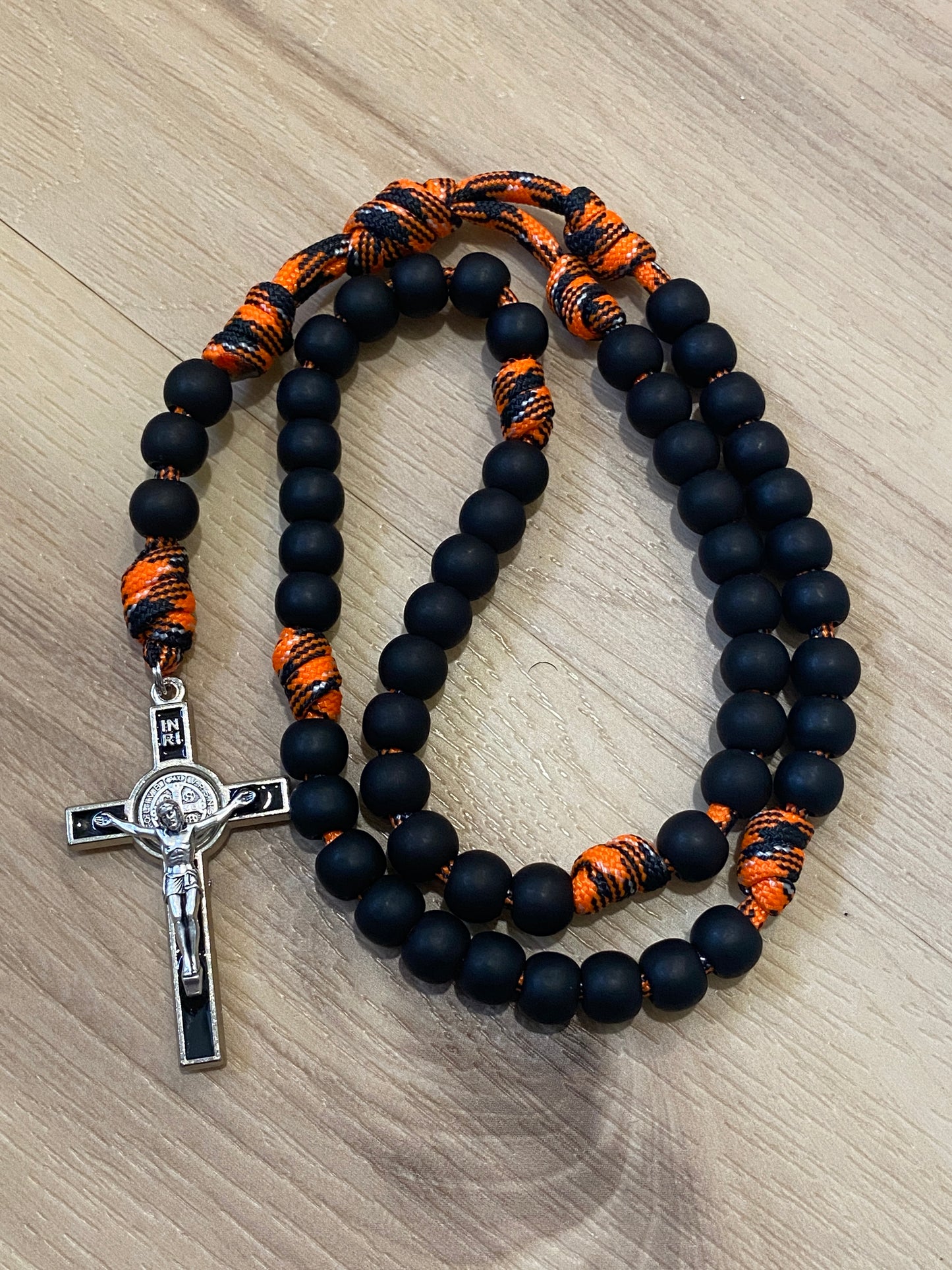 Paracord Rosary - Orange Camo and black beads - acrylic beads