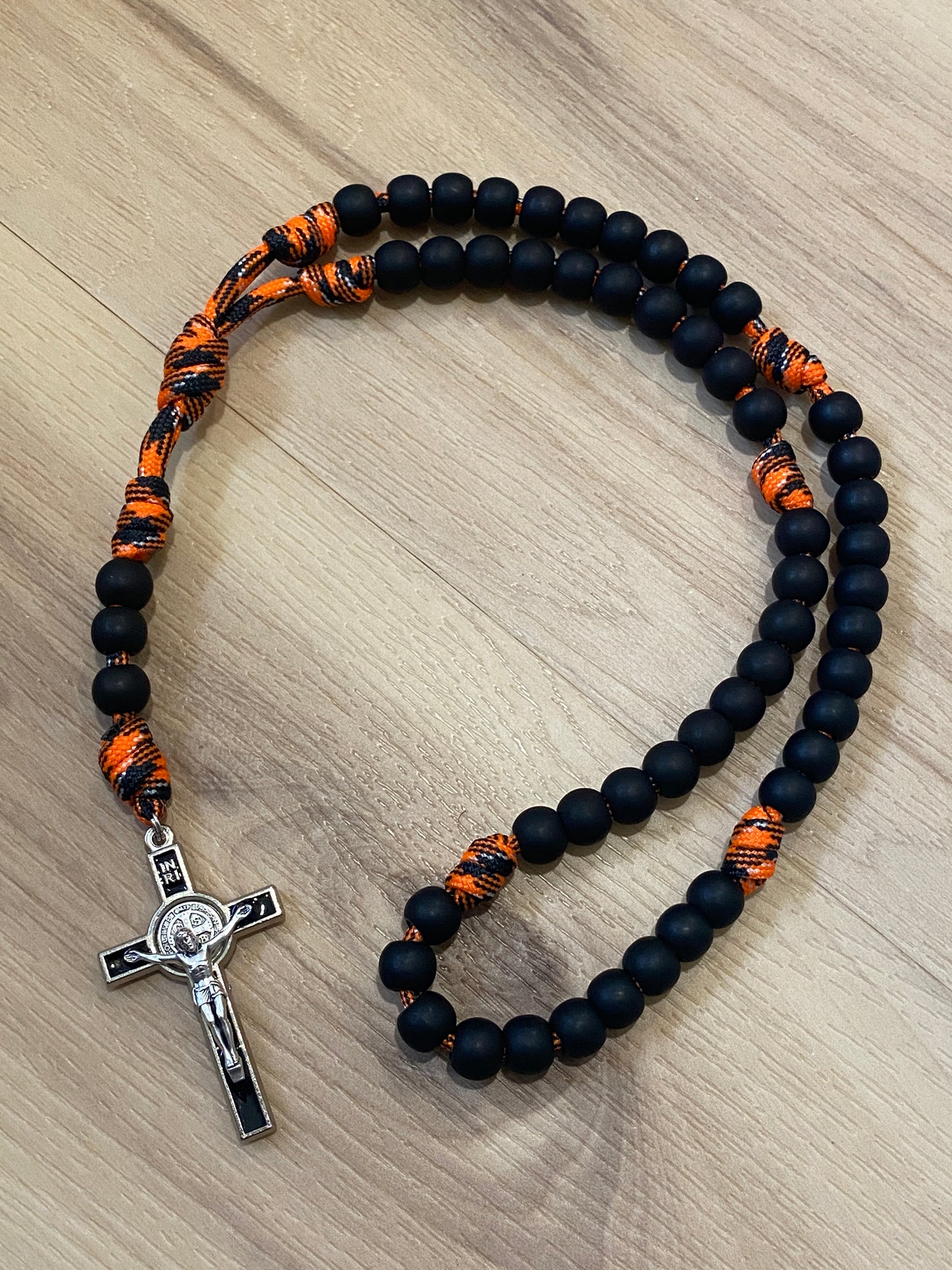 Paracord Rosary - Orange Camo and black beads - acrylic beads