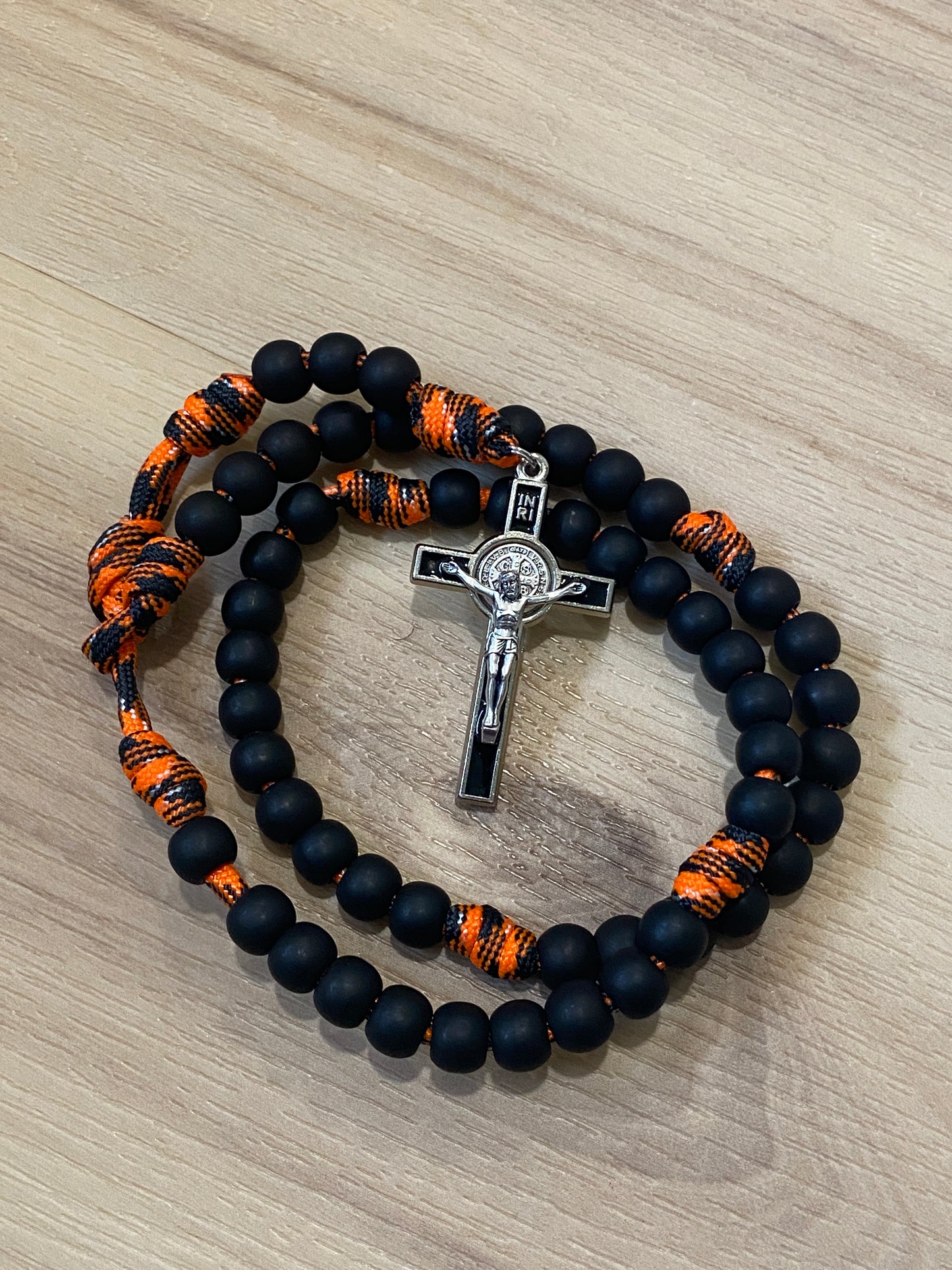 Paracord Rosary - Orange Camo and black beads - acrylic beads