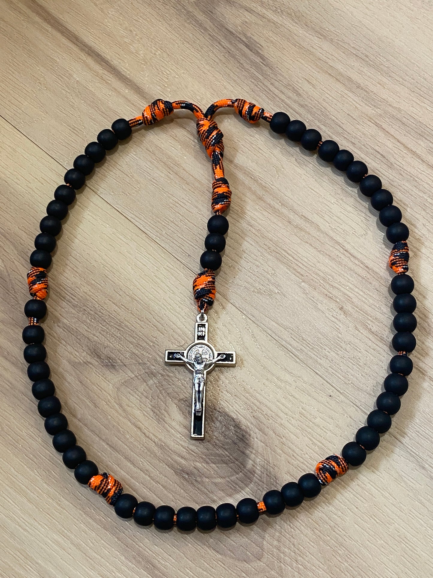 Paracord Rosary - Orange Camo and black beads - acrylic beads