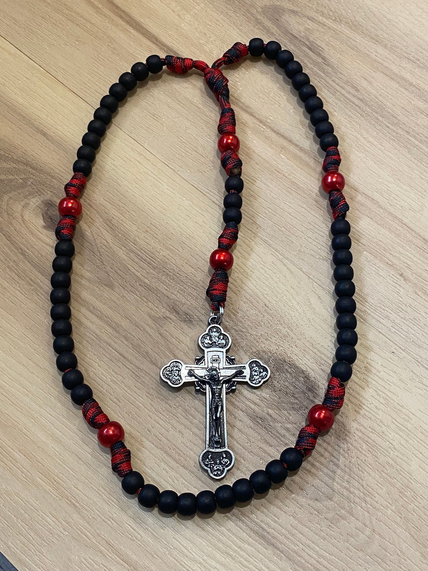 Paracord Rosary - Red and Black and Matte Black Beads - acrylic beads