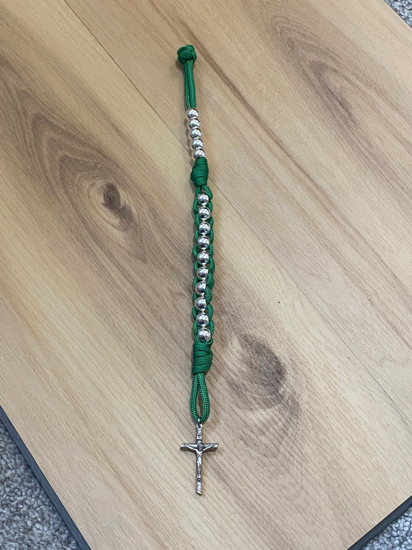 Paracord Pocket/Field Rosary - Green and Silver - Metal Alloy Beads