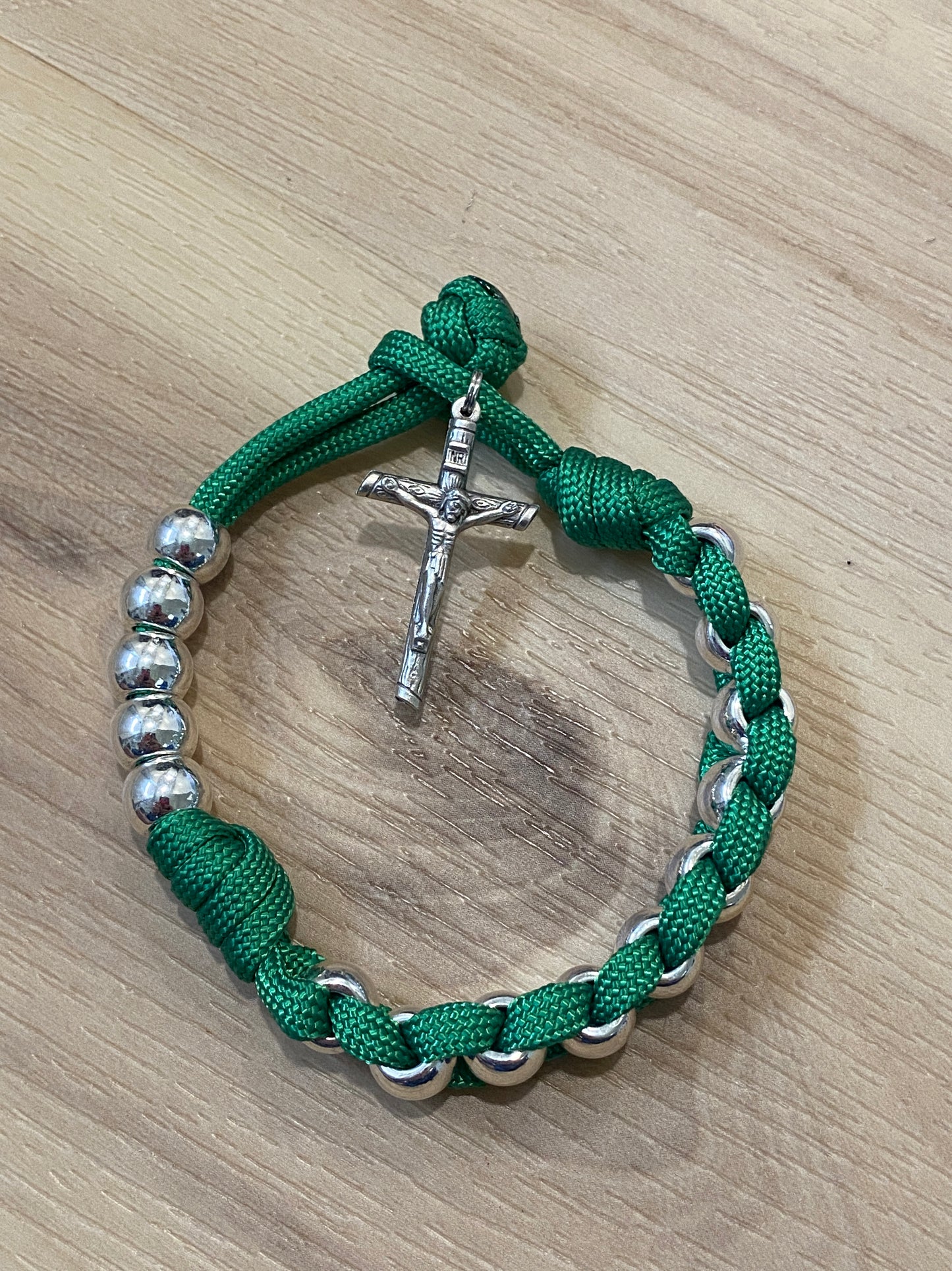 Paracord Pocket/Field Rosary - Green and Silver - Metal Alloy Beads