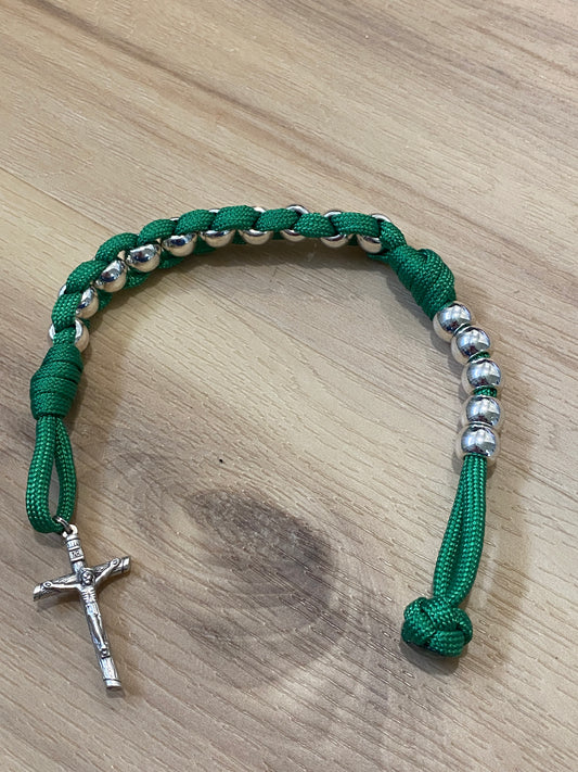 Paracord Pocket/Field Rosary - Green and Silver - Metal Alloy Beads