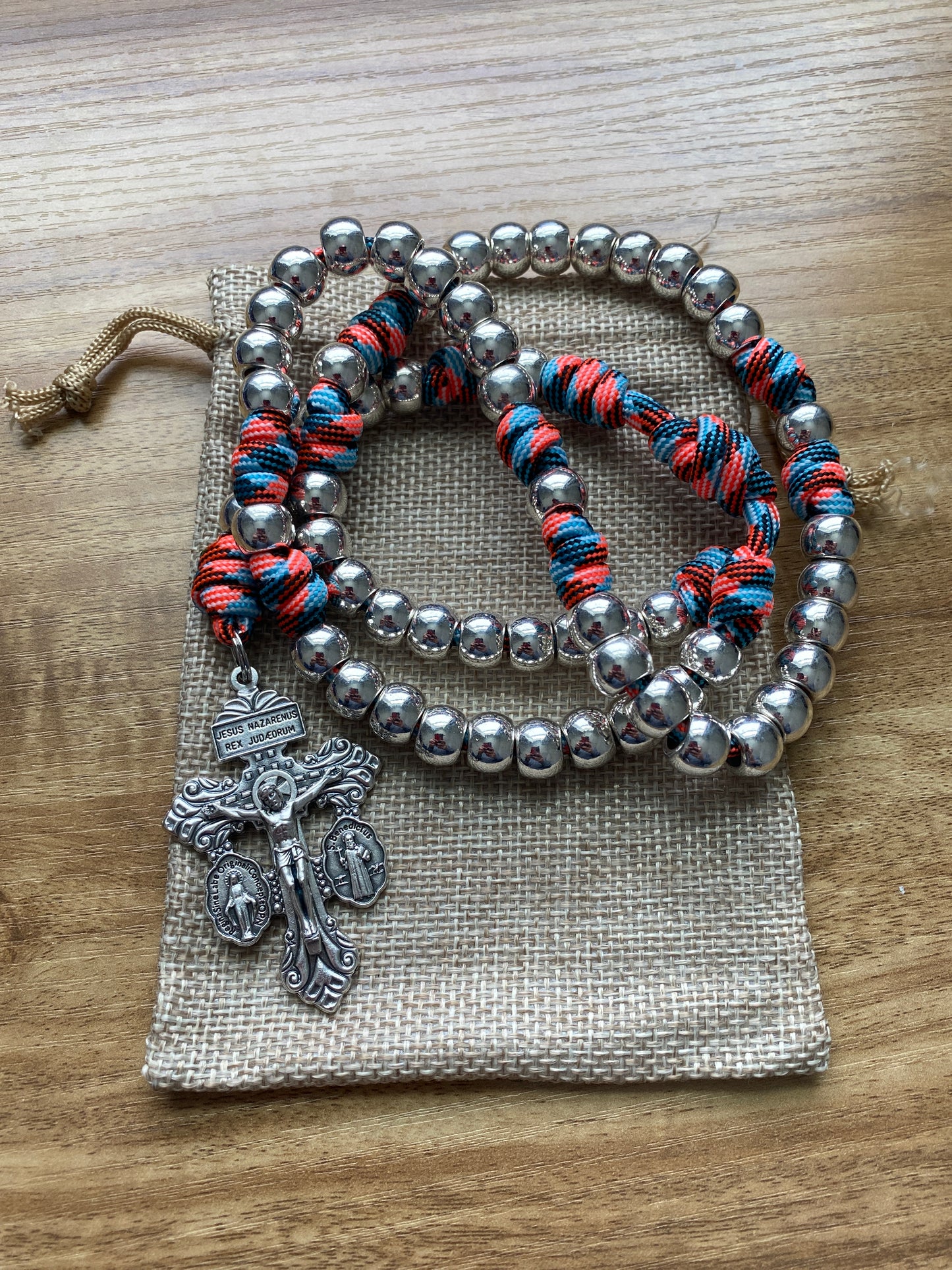 Paracord Rosary - Silver and Glow in the Dark - Metal Beads