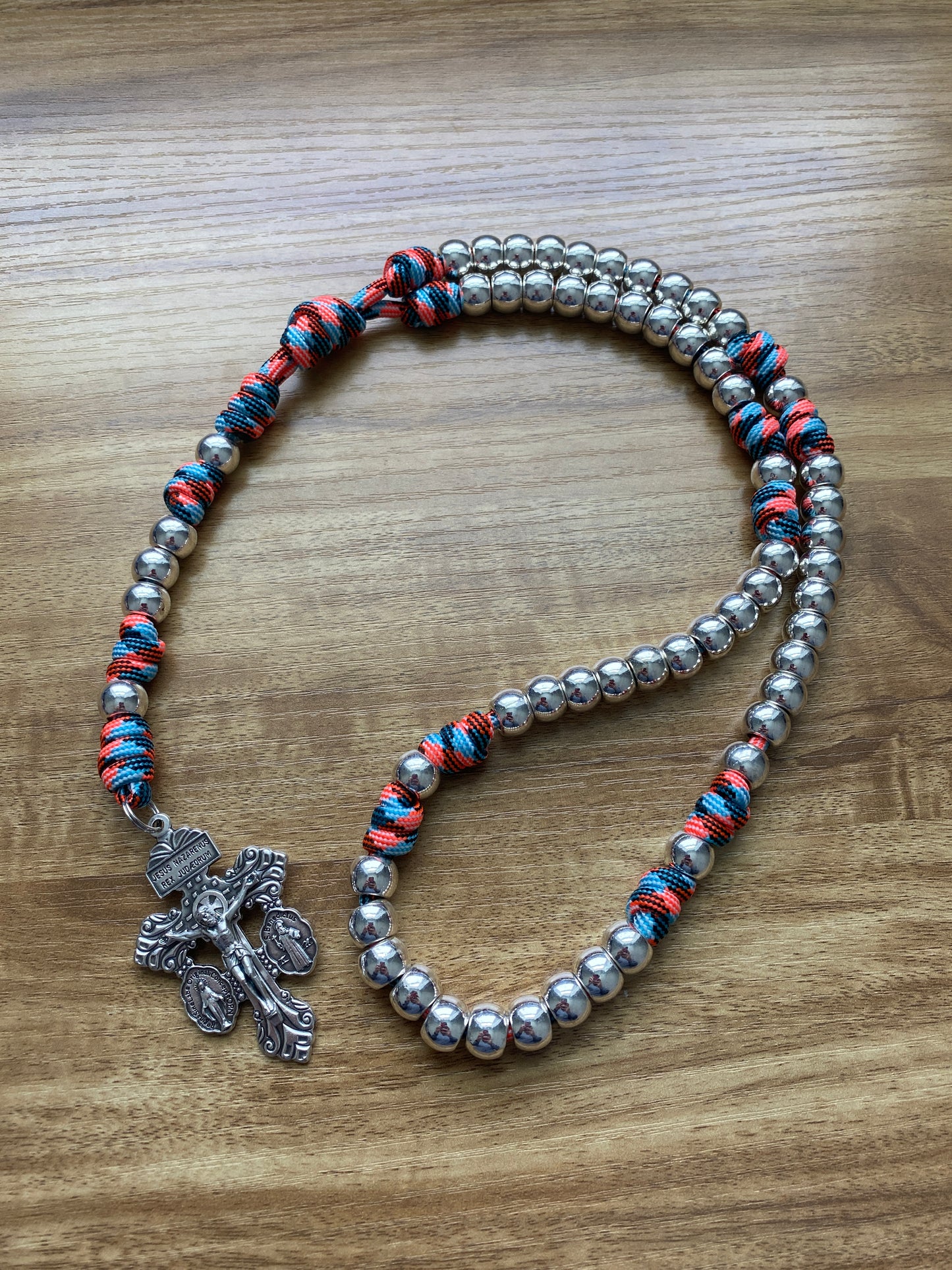 Paracord Rosary - Silver and Glow in the Dark - Metal Beads