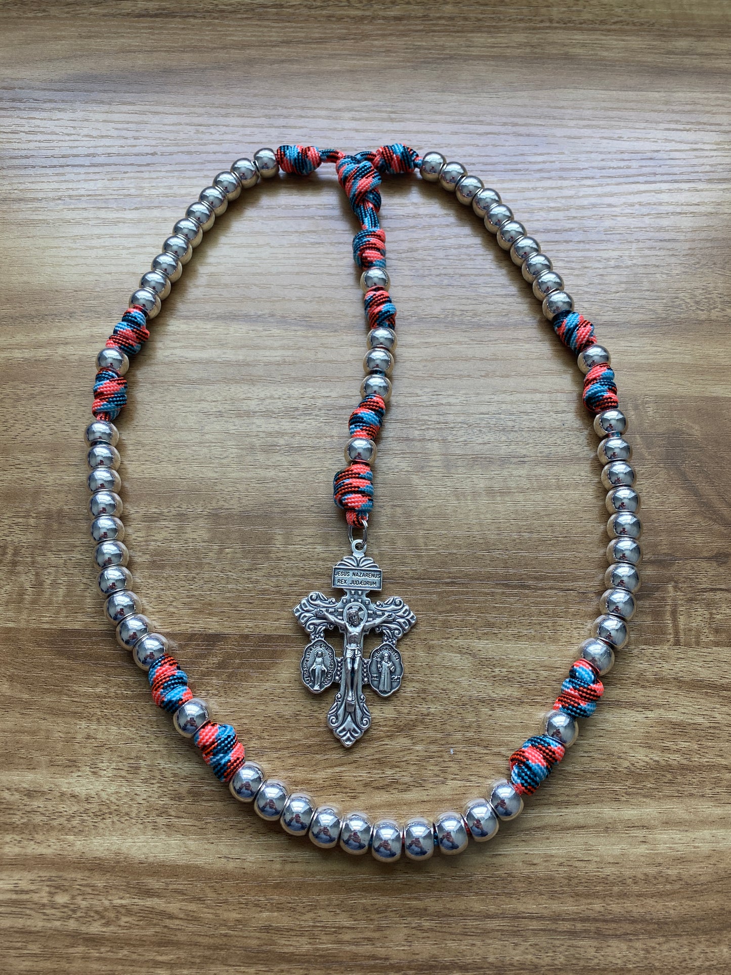 Paracord Rosary - Silver and Glow in the Dark - Metal Beads