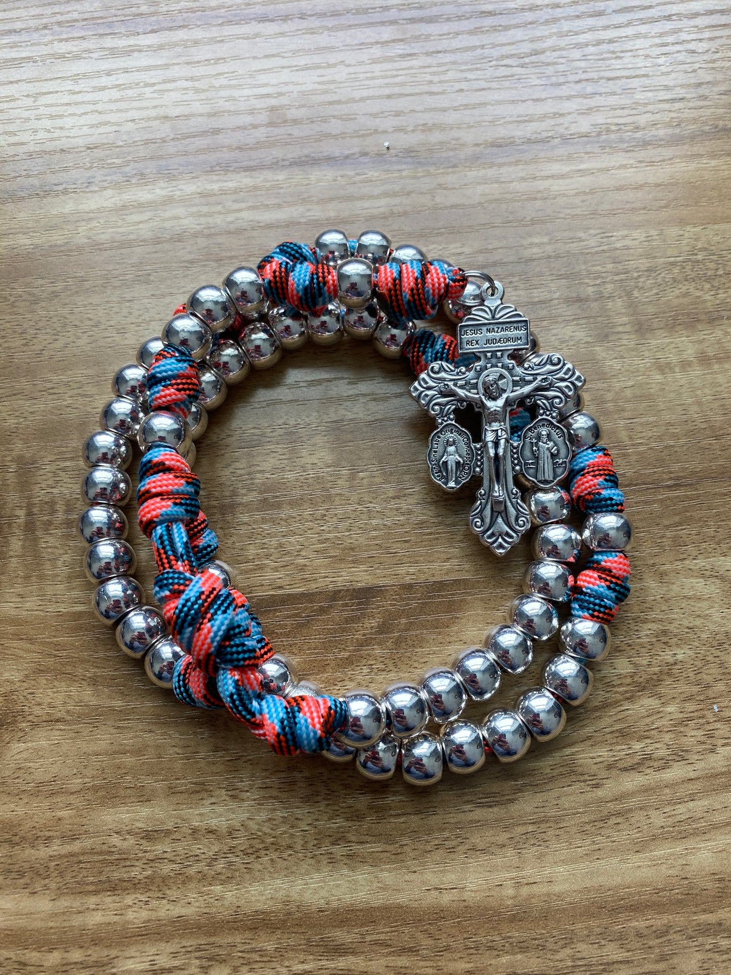 Paracord Rosary - Silver and Glow in the Dark - Metal Beads