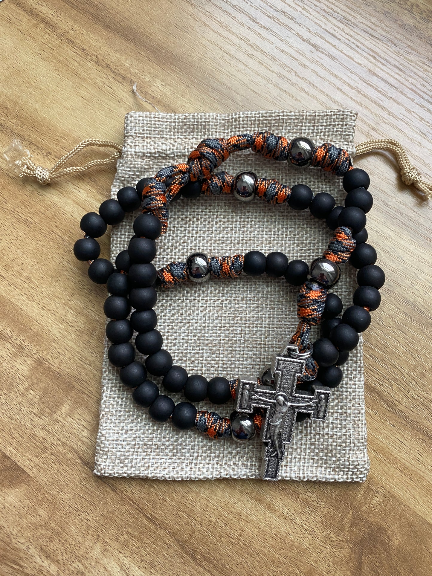 Paracord Rosary - Orange Camo - Acrylic Beads