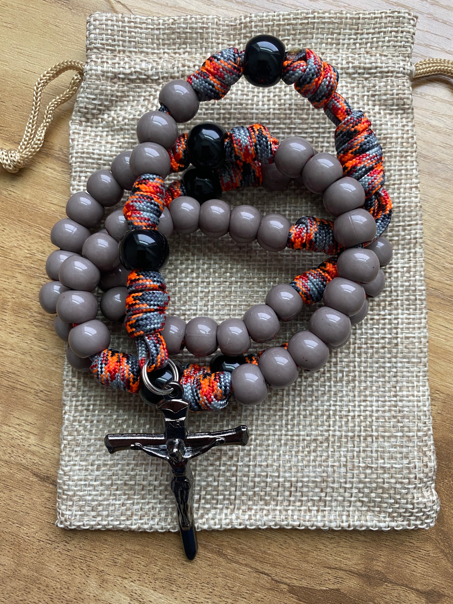 Paracord Rosary - Orange Camo and Gray Beads - Acrylic Beads