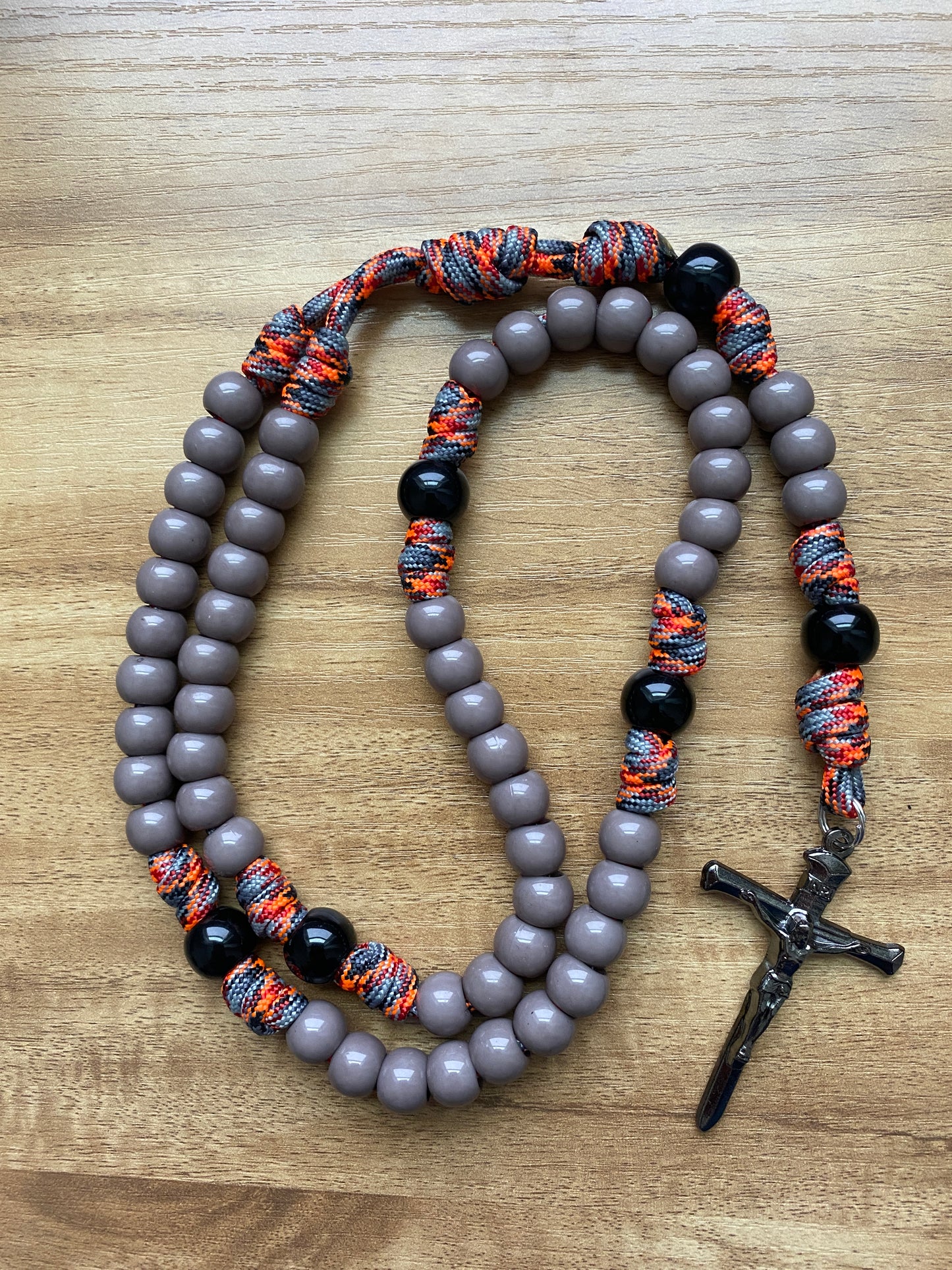 Paracord Rosary - Orange Camo and Gray Beads - Acrylic Beads