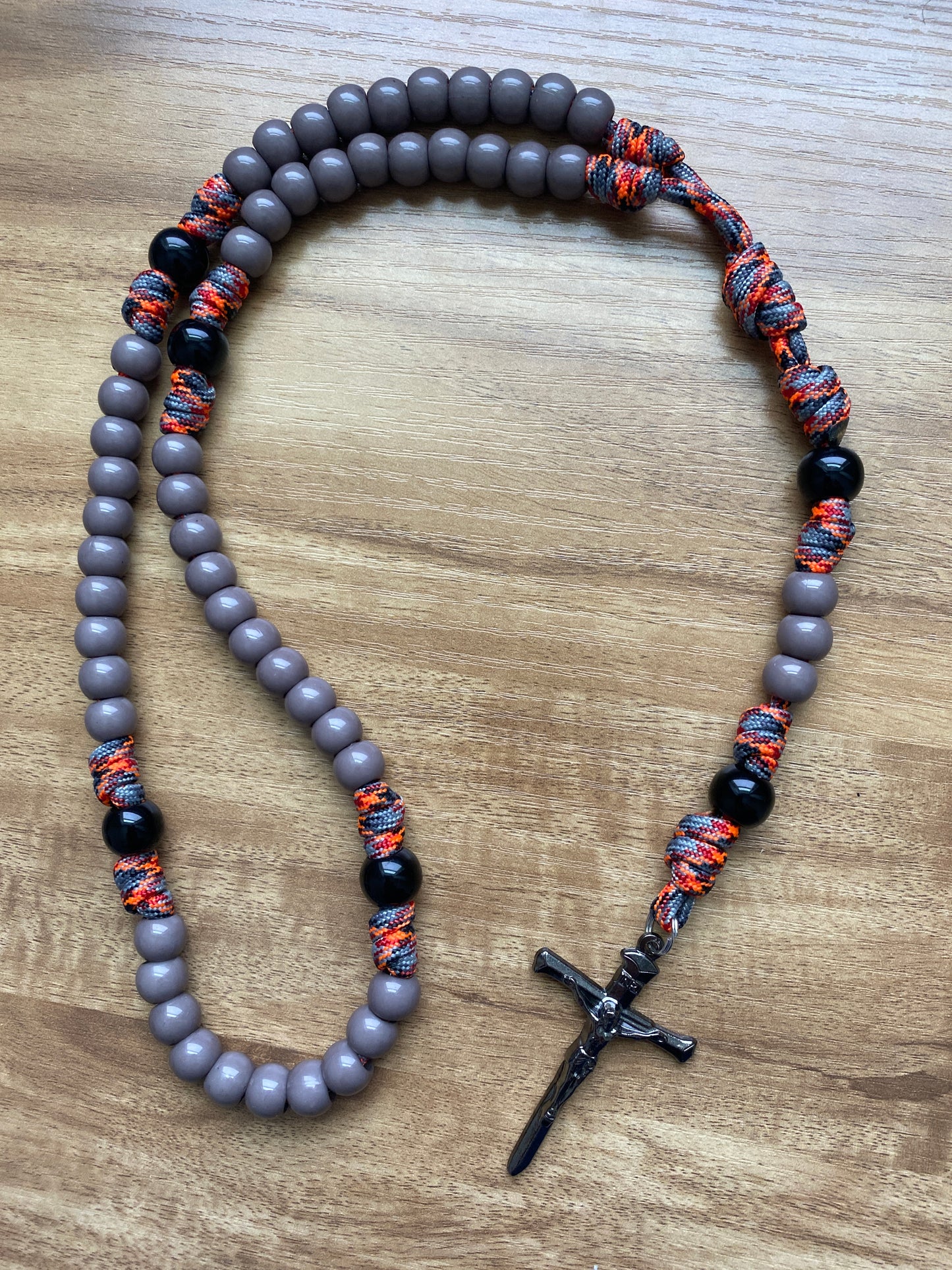 Paracord Rosary - Orange Camo and Gray Beads - Acrylic Beads