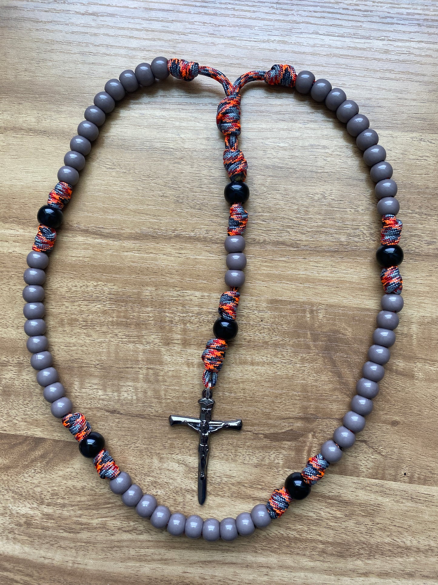 Paracord Rosary - Orange Camo and Gray Beads - Acrylic Beads