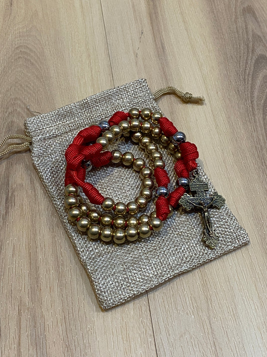 Paracord Rosary - Solid Brass and Red - Metal Beads