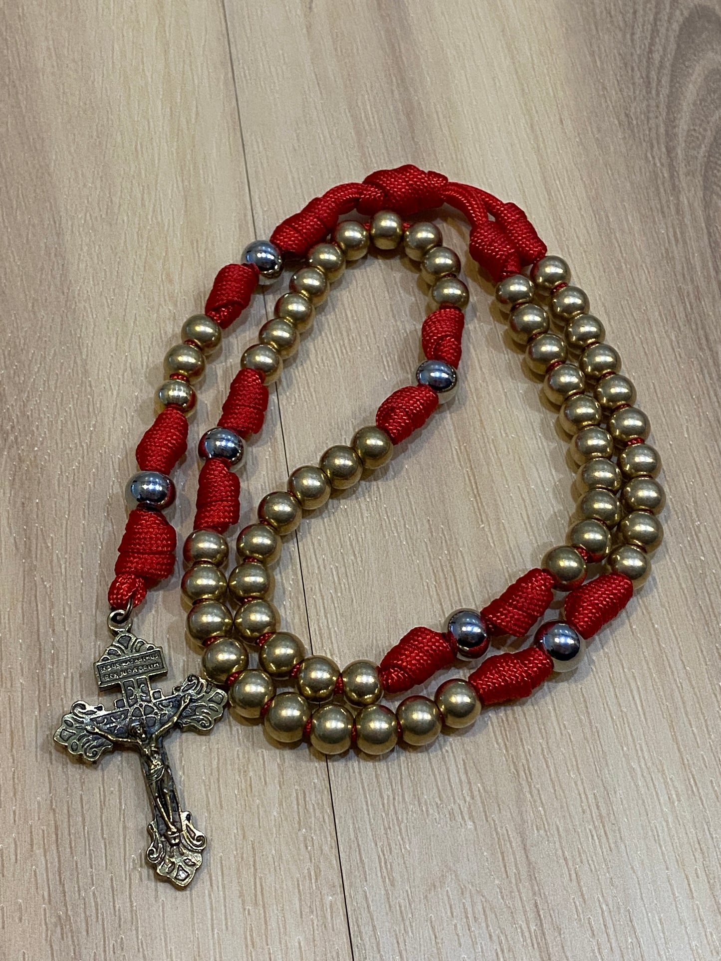 Paracord Rosary - Solid Brass and Red - Metal Beads