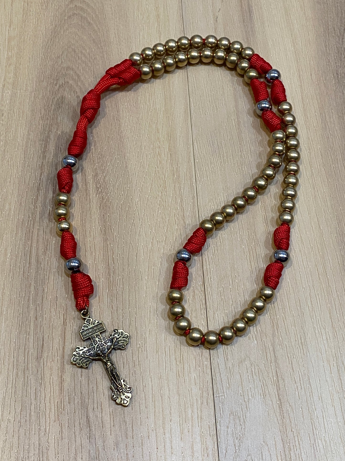 Paracord Rosary - Solid Brass and Red - Metal Beads