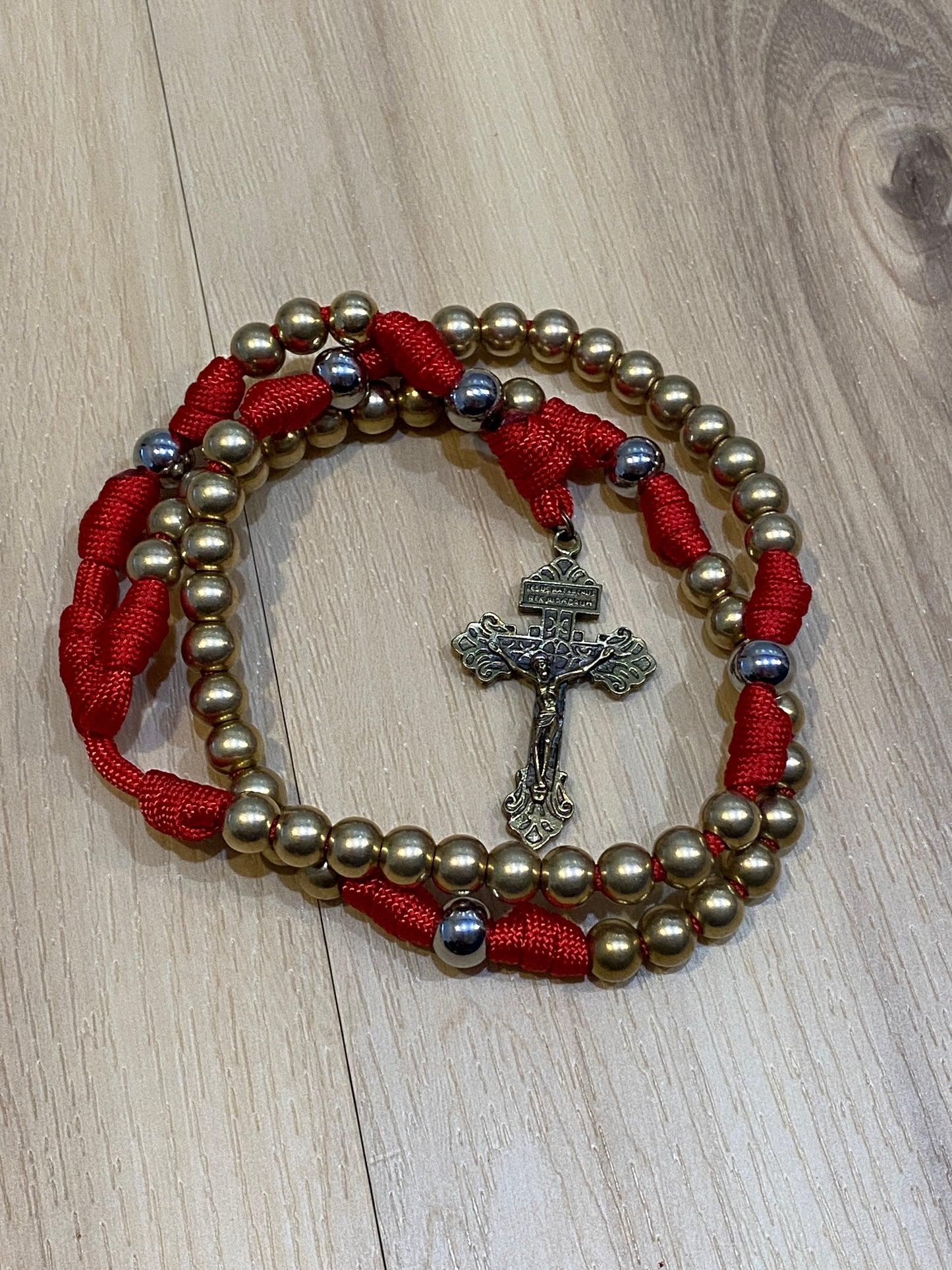 Paracord Rosary - Solid Brass and Red - Metal Beads