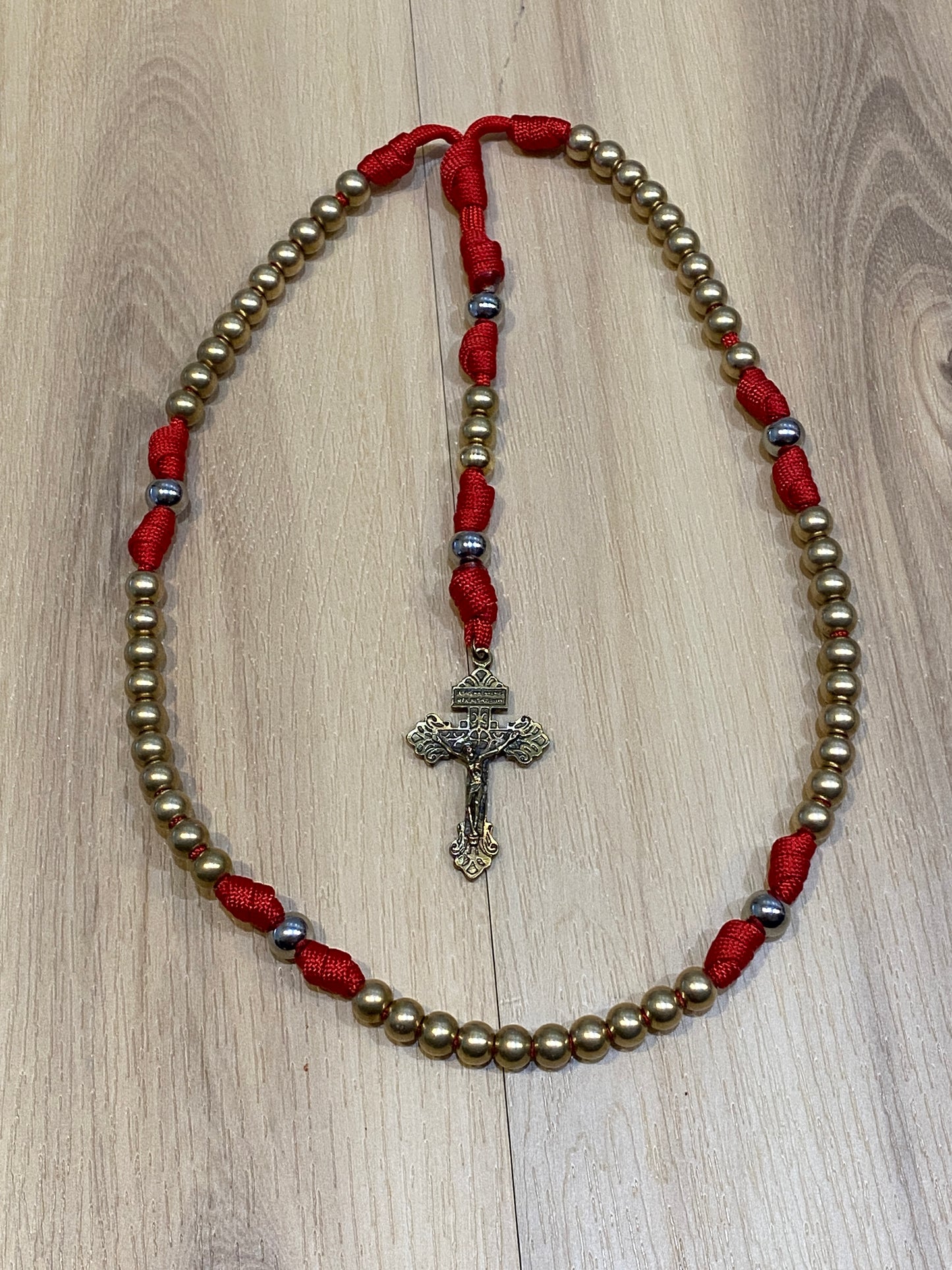 Paracord Rosary - Solid Brass and Red - Metal Beads