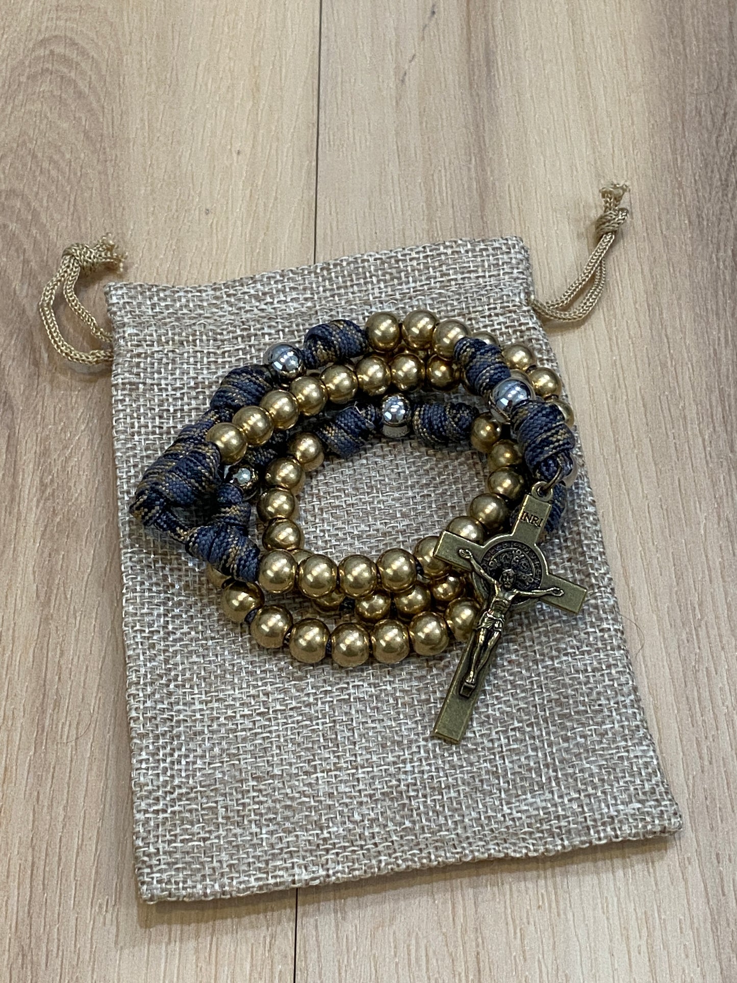 Paracord Rosary - Solid Brass and Grey Camo