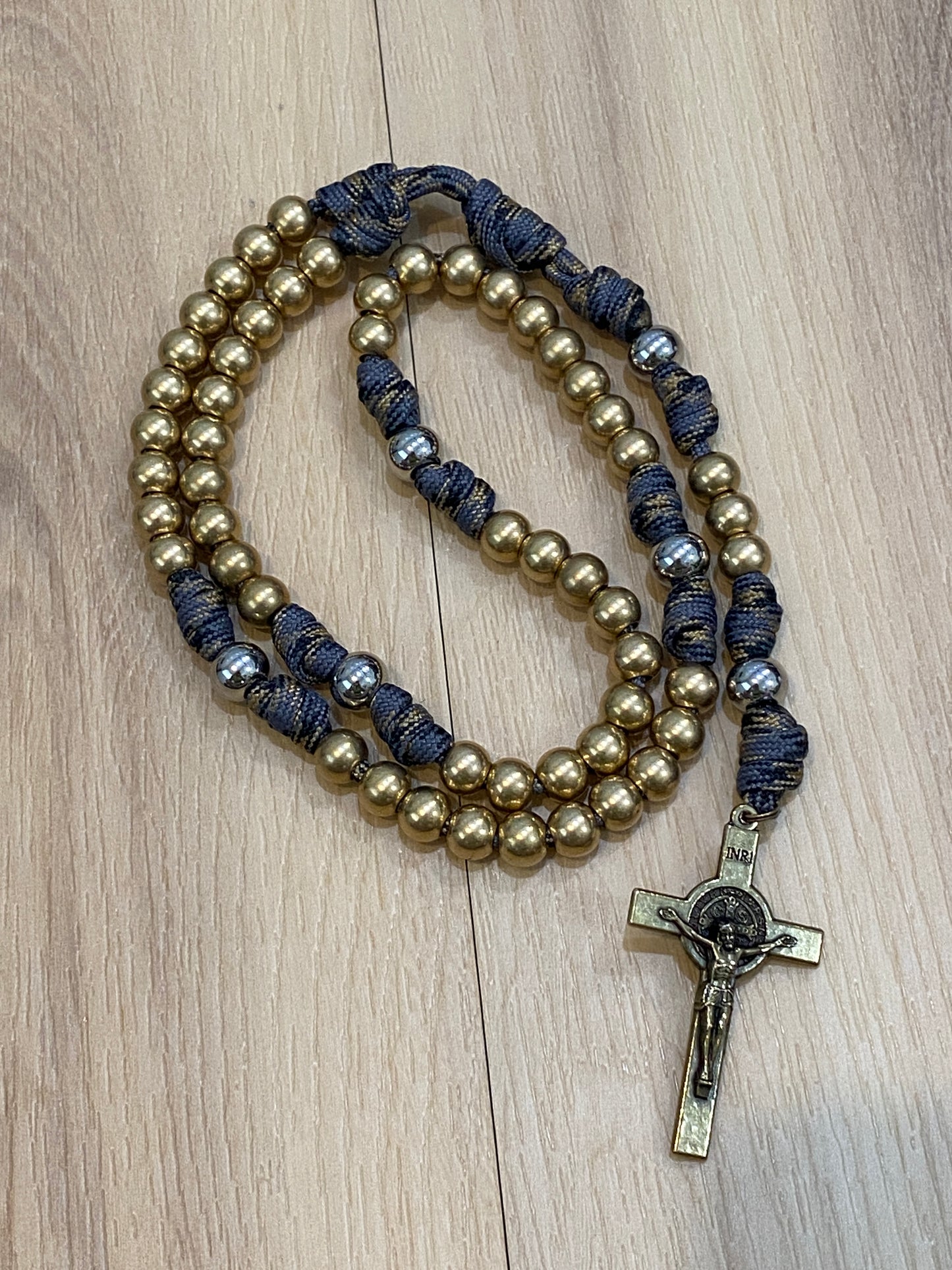 Paracord Rosary - Solid Brass and Grey Camo