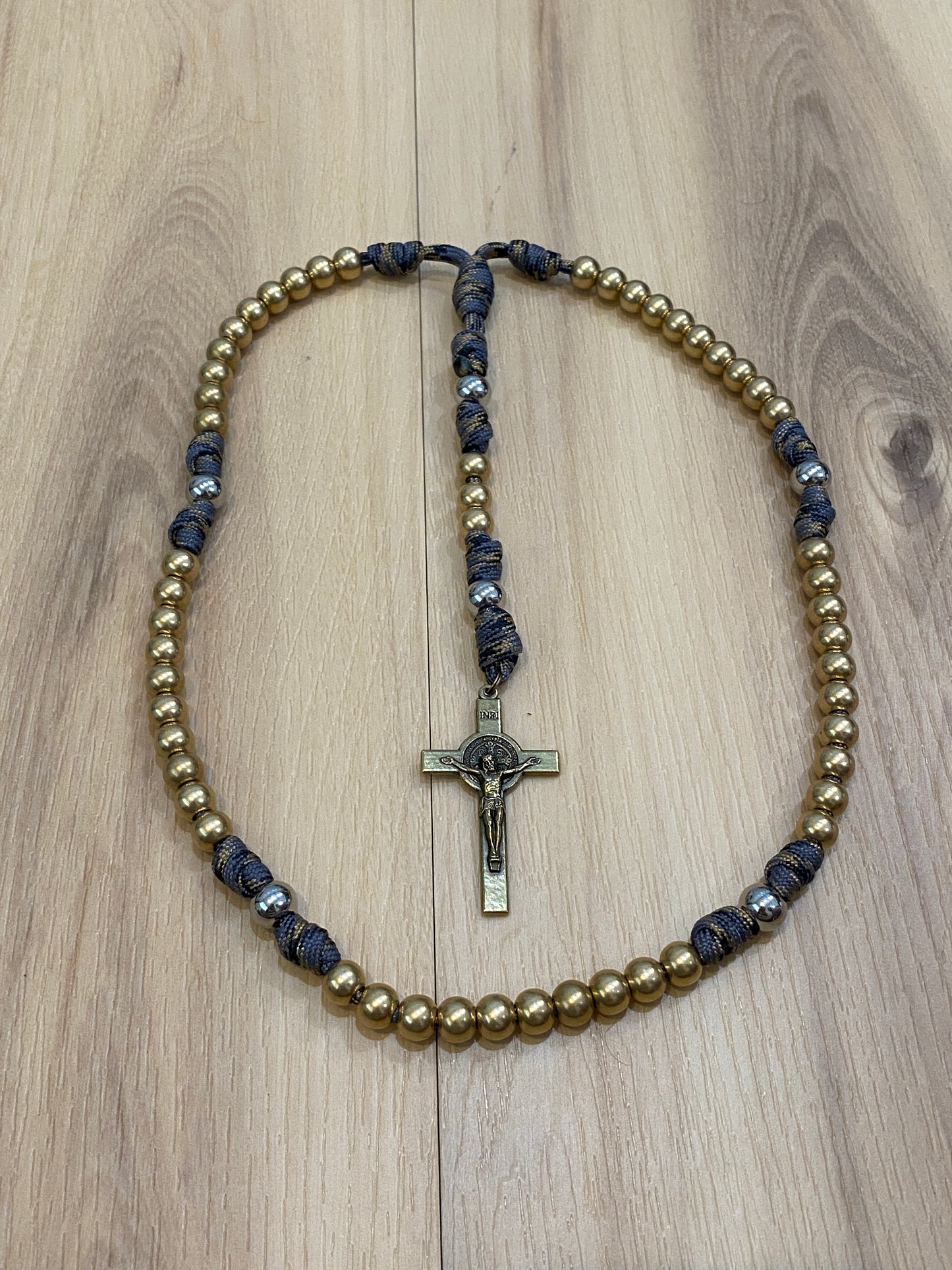 Paracord Rosary - Solid Brass and Grey Camo