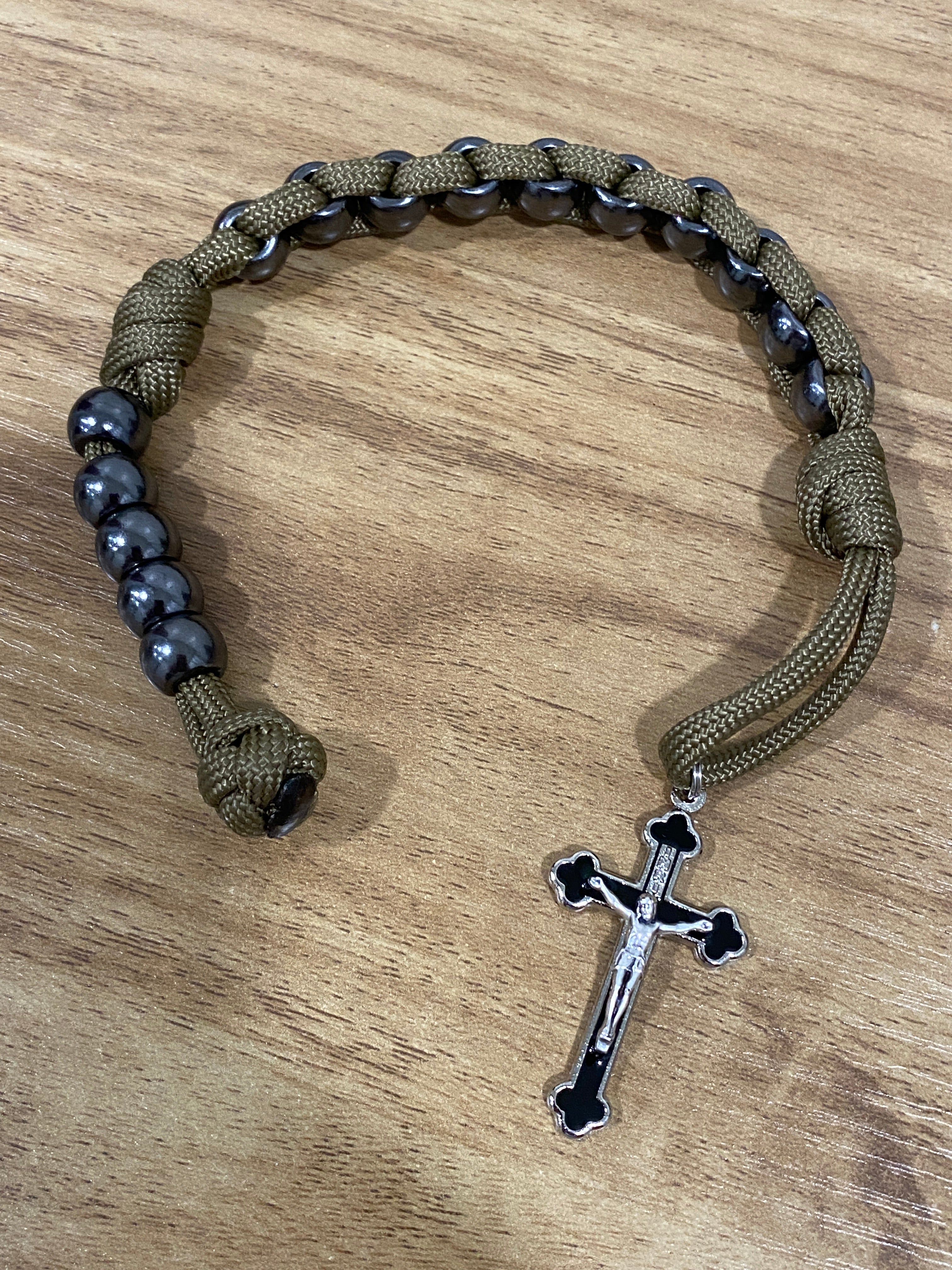 Paracord Pocket/Field Rosary - Brown and Gunmetal - Metal Beads