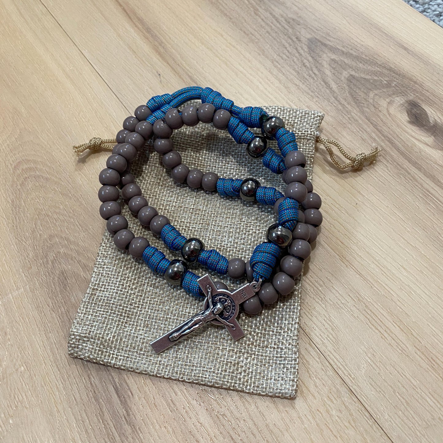 Paracord Rosary - Multi color blue and grey beads - acrylic beads