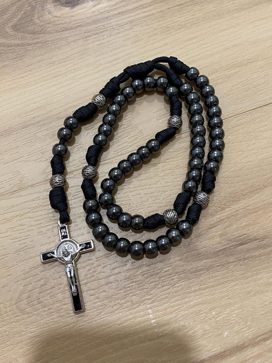 Paracord Rosary - Black and Gunmetal - Metal Beads